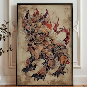 May include: Framed artwork featuring a detailed illustration of a mythical creature, possibly a dragon or lion. The artwork uses a warm color palette of reds, oranges, and browns, with intricate patterns and a vintage paper background. The creature is in a dynamic pose.
