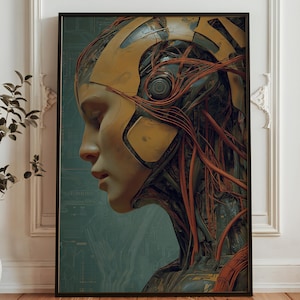 May include: A framed art print featuring a futuristic portrait of a person with robotic elements. The artwork showcases a profile view with a golden-yellow headpiece, intricate wiring, and a teal background. The overall aesthetic blends human features with mechanical components.