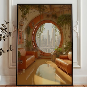 May include: A framed art print depicts a futuristic interior with a large circular window overlooking a cityscape. Two orange leather sofas face each other. The room has a warm color palette with plants and architectural details.