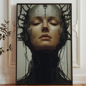 May include: Framed artwork featuring a portrait of a person with closed eyes, adorned with futuristic cybernetic enhancements. The artwork is predominantly in shades of gray, black, and beige, creating a sci-fi aesthetic. The person's face is the focal point, with intricate details.