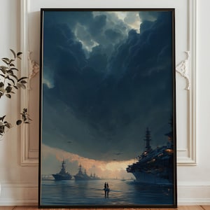 May include: A framed art print showing a naval fleet sailing on water beneath a dramatic, cloudy sky. The artwork uses a dark colour palette with shades of blue, grey, and orange, creating a moody and atmospheric scene.