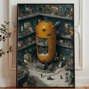 May include: Framed art print depicting a detailed, futuristic cityscape with a large, yellow, pod-like structure at its center. The artwork features teal buildings, balconies, and numerous windows, creating a complex architectural scene.