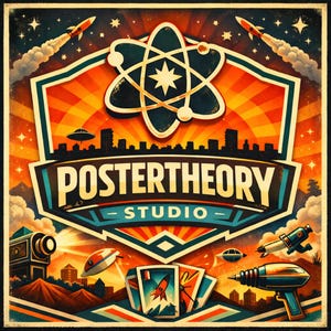 May include: A vintage-style poster with a retro space theme. The design features rockets, an atom symbol, and the text "POSTERTHEORY STUDIO." The color palette includes orange, blue, and brown tones, with a cityscape silhouette at the bottom.