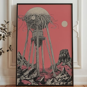 Może przedstawiać: Oprawiony wydruk artystyczny przedstawiający surrealistyczny krajobraz. Duża, bulwiasta konstrukcja na długich, cienkich nogach dominuje scenę. Grafika jest czarno-biała z różowym tłem, księżycem i skalistym terenem.