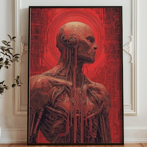 May include: A framed digital art print featuring a detailed illustration of a human-like figure with a bald head and intricate circuitry patterns. The artwork is predominantly red and brown, with a circular halo effect behind the figure's head.