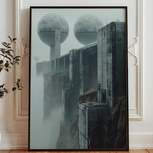 May include: Framed art print featuring a futuristic landscape with large spherical structures and a towering, fortress-like building. The artwork is set against a misty, atmospheric backdrop, with a color palette of grays, browns, and muted blues.