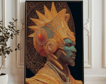 Afrofuturism Cyberpunk Portrait Wall Art - Futuristic AI Human Poster - Sci Fi Tech Portrait Print - Cybernetic Art Decor