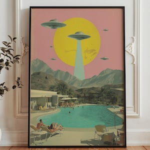 Poolside Invasion - Retro Sci Fi Pool Art - UFO Invasion Poster - Mid Century Space Art - Surreal Desert Resort Print