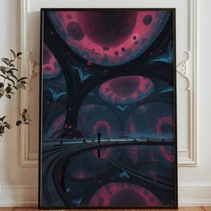 Puede incluir: Impresión artística digital enmarcada que representa un interior futurista y surrealista con grandes formas esféricas en tonos rojos y azules. Una figura solitaria se encuentra sobre una superficie reflectante, añadiendo escala a la escena. La obra está enmarcada en negro.