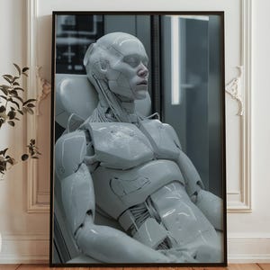 Puede incluir: Impresión enmarcada que presenta una figura robótica blanca y futurista sentada en una silla. El robot tiene un diseño detallado con componentes mecánicos visibles y una expresión serena. La obra de arte se exhibe en una habitación con una planta y una pared blanca.