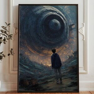 May include: A framed art print depicting a futuristic cityscape with a large, circular structure dominating the sky. A person in a blue hoodie and gray pants stands looking up at the structure. The artwork has a dark, moody color palette.
