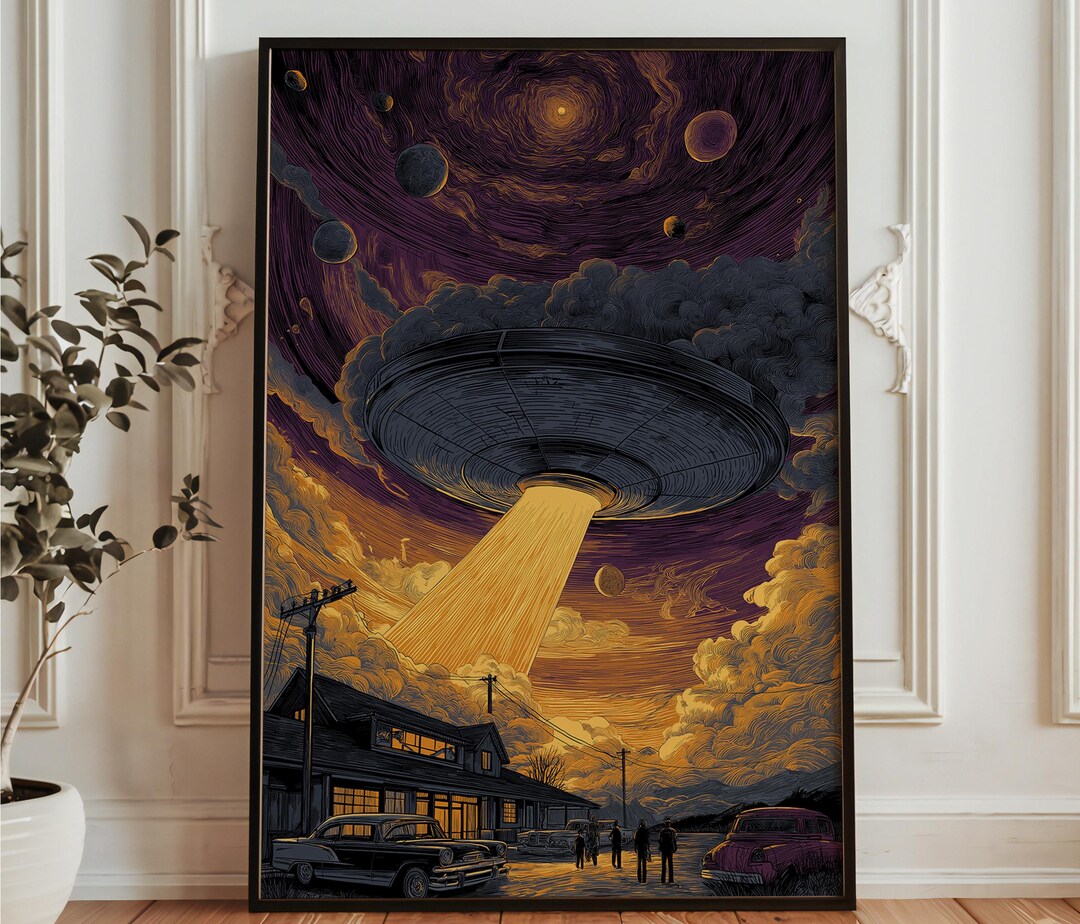 UFO Abduction Art Print - Retro Sci Fi Night Sky Poster - Alien ...