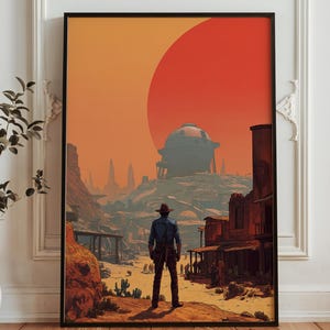 Space Western Colony Art - Sci-Fi Cowboy in Alien Desert Town - Futuristic Frontier City - Red Planet Western Scene - Cinematic Sci Fi Print