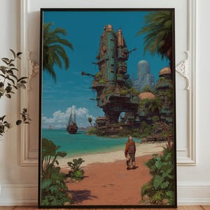 May include: A framed art print depicting a futuristic coastal city with a person walking on a sandy beach. The artwork features a teal sky, turquoise water, and lush green vegetation. A sailboat is on the water.