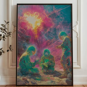 May include: A framed art print showing three figures in green suits and helmets, set against a vibrant, colourful cosmic background. The artwork features a bright, radiating light source and a surreal, otherworldly landscape.