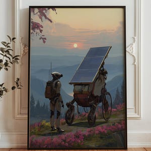 May include: Framed art print showing a futuristic scene. A robot-like figure stands beside a solar panel vehicle on a mountain path. The background features a sunset over mountains and pink flowers. The print is framed.