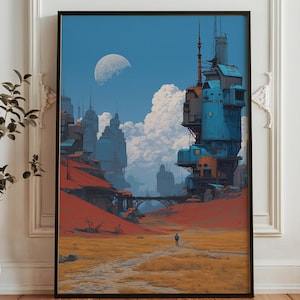 May include: A framed art print depicting a futuristic cityscape under a blue sky with a large moon. The artwork features tall, stylized buildings in shades of blue, orange, and gray, set against a red landscape. A lone figure stands on a path leading towards the city.