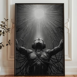 May include: Black and white framed art print depicting a figure with arms raised towards a bright light source. The figure is wearing headphones and has wires connected to its body. The artwork has a futuristic, science fiction theme.