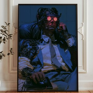 May include: A framed digital art print depicting a cyborg figure in a blue suit, white shirt, and tie. The figure wears a complex headpiece with glowing red lenses and has exposed mechanical components on the shoulder and arm.