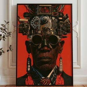 May include: A framed portrait print featuring a person with dark skin wearing round glasses and a complex mechanical headpiece made of circuit boards and wires. The subject wears beaded earrings, a patterned shirt, and red beaded necklaces against a red background.