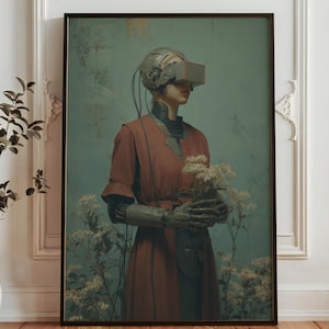 May include: Framed art print featuring a futuristic figure in a red dress and a VR headset, holding white flowers. The artwork has a vintage aesthetic with a teal background and a dark brown frame.