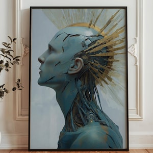 Väggkonst med transhuman halo – porträtt av AI-gudinna – cybernetisk kvinna, science fiction-dekor – futuristiskt konstverk med helig teknologi