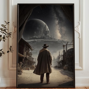 May include: A framed digital art print depicting a figure in a long coat and hat, facing a futuristic city and a large planet. The artwork is in shades of gray, brown, and black, with a sci-fi and western theme.
