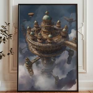 May include: A framed art print showcasing a detailed, fantastical floating city. The artwork features multiple levels, domes, and bridges, with a color scheme of gold, teal, and brown. The city is set against a backdrop of clouds and a dramatic sky.