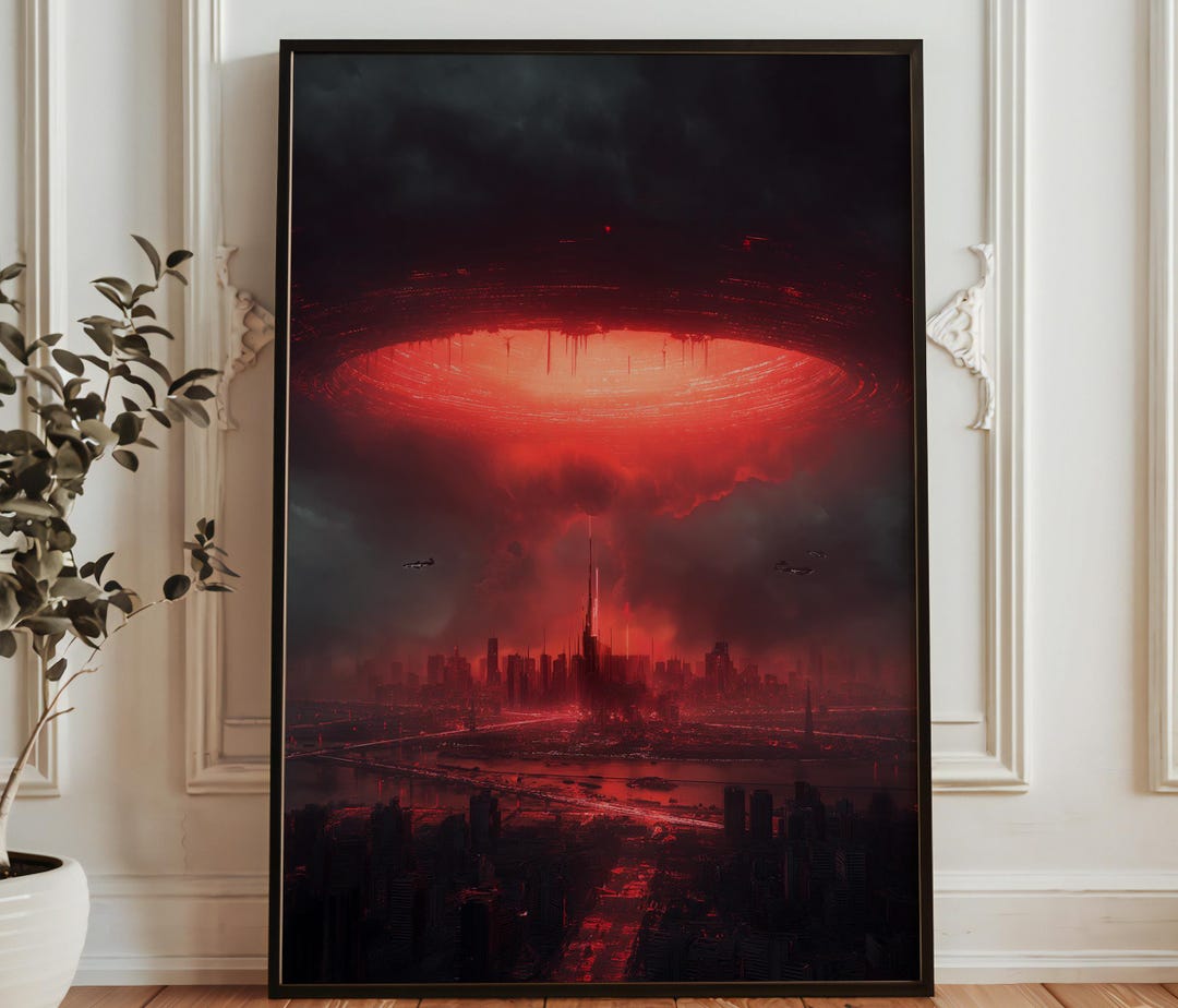 Massive UFO Over City Art Print - Sci Fi Alien Invasion Skyline - Red ...