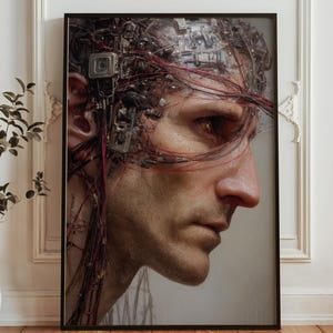 May include: Framed artwork featuring a detailed portrait of a person in profile. The person's head is adorned with intricate wiring and mechanical components, with red and silver accents. The artwork is set against a neutral background.