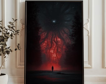 May include: A framed art print depicting a surreal, dark forest scene. A lone figure stands in a clearing, facing a massive, ominous red structure in the sky. The artwork features a dramatic contrast of dark and red hues.