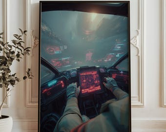 Spaceship Cockpit Wall Art - Sci Fi Pilot POV Poster - Futuristic Starship Interior - Neon HUD Art