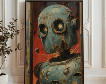 Retro Robot Wall Art - Vintage Sci-Fi Robot Poster - Distressed Robot Portrait Print - Industrial Sci Fi Wall Decor