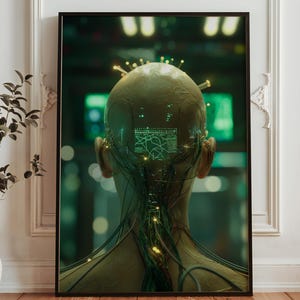 Puede incluir: Una impresión artística digital enmarcada que presenta la parte posterior de una cabeza humanoide con circuitos y cables verdes brillantes. La obra de arte tiene un tema futurista de ciencia ficción, con una paleta de colores verde y dorado. La cabeza está centrada, con un fondo verde borroso.