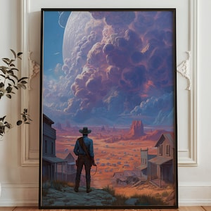 Puede incluir: Una impresión artística enmarcada que representa a un vaquero en un paisaje desértico, mirando un gran cuerpo celeste nublado. La escena está representada en tonos de azul, naranja y morado, con un pueblo del oeste en primer plano.