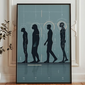 May include: Framed art print showing human evolution to a cyborg. Four dark silhouettes are set against a teal background with geometric designs. The figures progress from ape-like to a robotic form, with dates below.