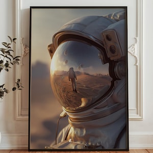 Op de afbeelding: Een ingelijste kunstdruk met een astronautenhelm die een woestijnlandschap weerspiegelt met een weglopende astronaut. De helm is gedetailleerd met metalen accenten en de scène baadt in warm, goudkleurig licht.