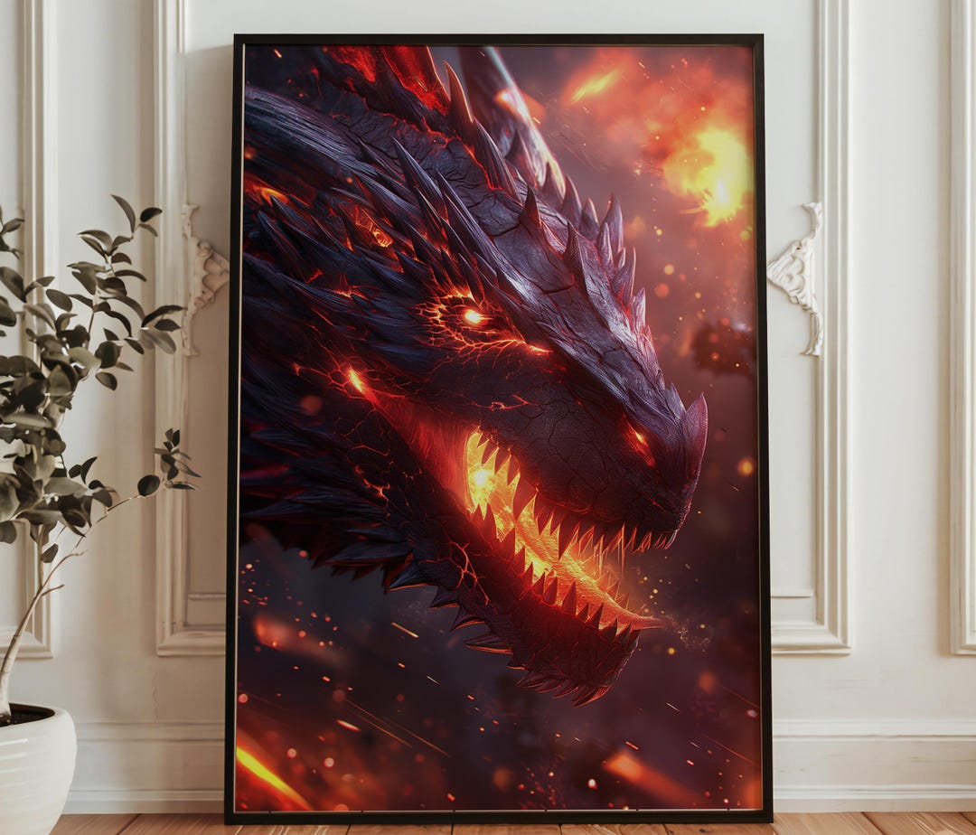 Fire Dragon Wall Art - Dark Fantasy Dragon Poster - Lava Dragon Print ...