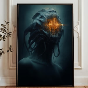 May include: A framed digital art print depicting a surreal humanoid figure with a stone-like head. The face is lit with a grid of golden light, and dark tendrils extend from the head. The artwork has a dark, moody colour palette.