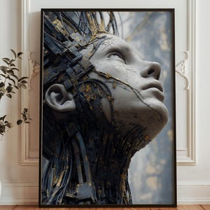 Plakat ścienny z transhumanizmem – Portret cyberpunkowej sztucznej inteligencji – Futurystyczny wystrój cyborga – Estetyczny plakat science fiction