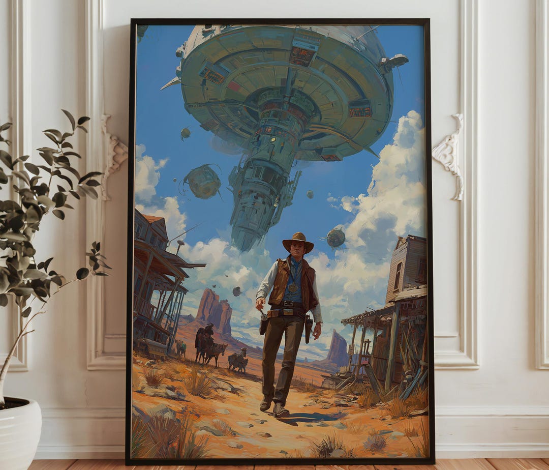 Space Western Machine Space Western Gunslinger Art - Sci Fi Cowboy Under Floating Space ...