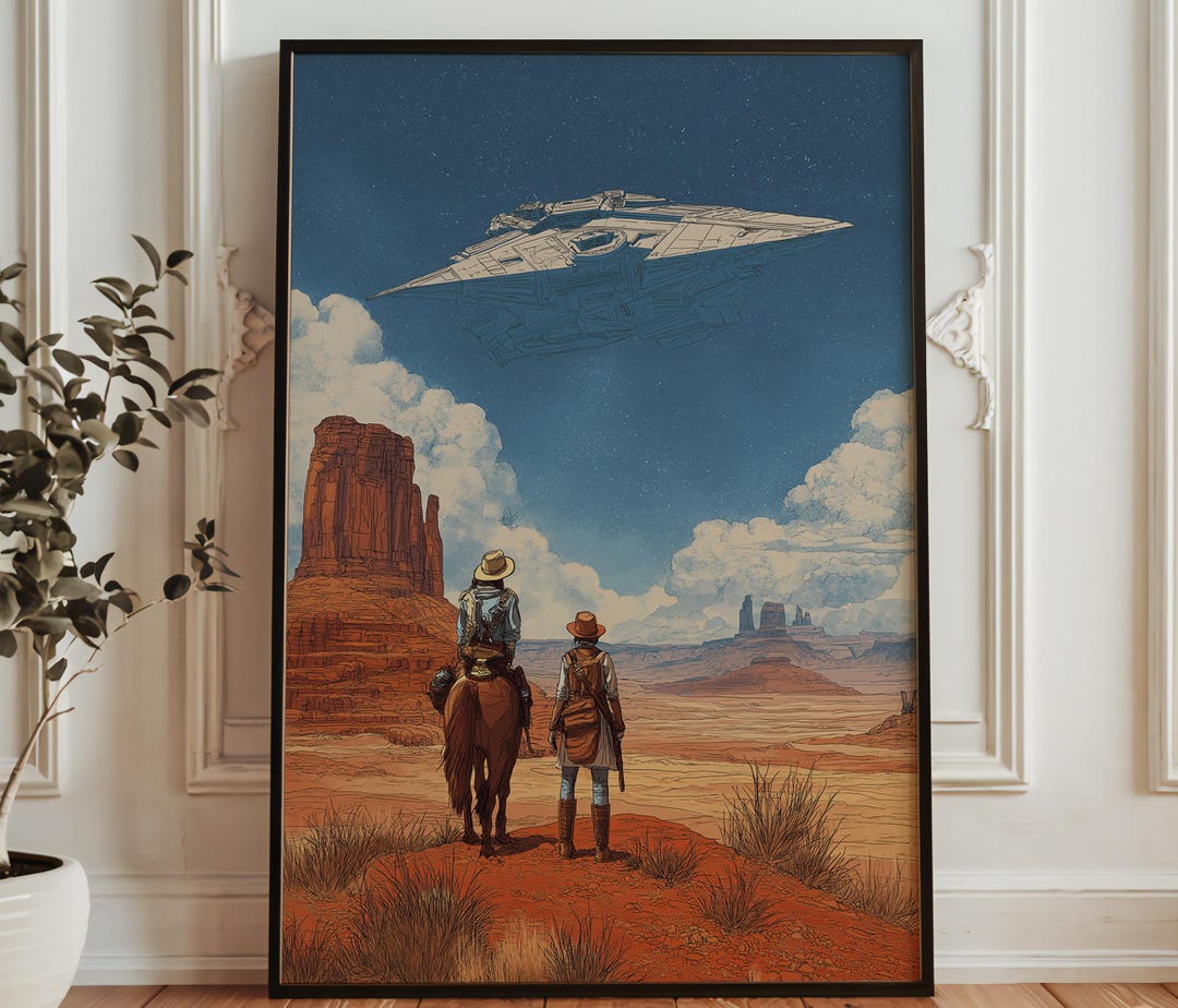Space Western Machine Space Western Duo Art - Sci-fi Cowboys Watching Starship Over Desert ...