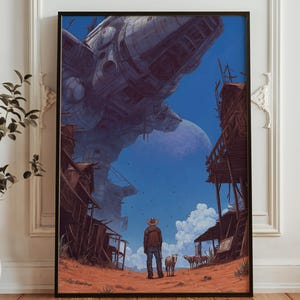 May include: A framed art print depicting a science fiction scene. A person in a cowboy hat stands on a red desert, looking up at a massive spaceship. Wooden structures and a large moon are in the background.
