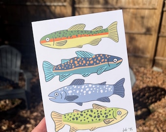 Stampa artistica di trota e pesce / Illustrazione di fauna selvatica 5x7, decorazione per cabina
