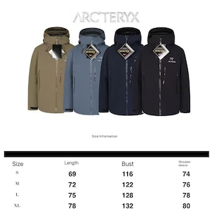 Puede incluir: Cuatro chaquetas con capucha Arc'teryx en beige, azul, marino y negro. Cada chaqueta tiene cierre de cremallera y una etiqueta Gore-Tex. El nombre de la marca se muestra en la parte superior. Información de tallas en cm debajo.