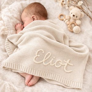 May include: A sleeping baby wrapped in a cream-colored knitted blanket with the name "Eliot" embroidered on it. A wooden bear toy and a floral sprig are next to the baby.