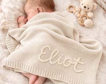 Manta de bebé tejida personalizada, algodón suave, recuerdo con nombre bordado a mano