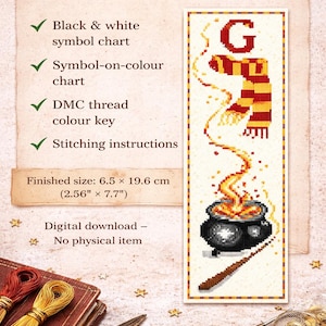 May include: A cross-stitch pattern pack with a bookmark design. The bookmark features a cauldron, wand, and scarf in red, yellow, and black. The finished size is 2.56" x 7.7". The pack includes charts, a color key, and instructions.