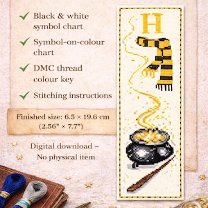 May include: A digital cross-stitch pattern pack featuring a design with a black cauldron, a wand, and a yellow and black scarf. The finished size is 2.56" x 7.7". Includes a black & white symbol chart, symbol-on-color chart, DMC thread color key, and stitching instructions.
