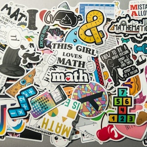 Puede incluir: Una colección de pegatinas coloridas con temas relacionados con las matemáticas. Las pegatinas presentan texto como "This girl loves math", símbolos matemáticos e ilustraciones de calculadoras, reglas y formas geométricas. Las pegatinas son de varias formas y tamaños.